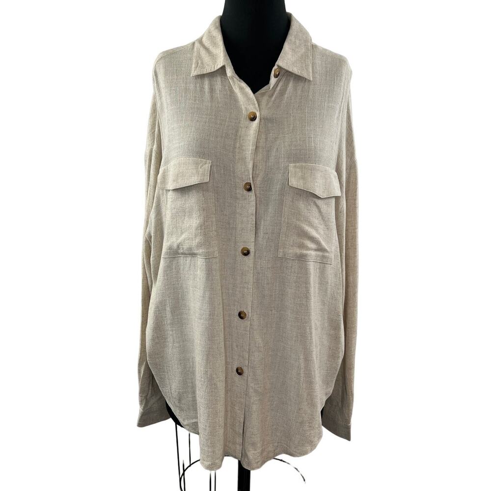ASOS DESIGN Beige Linen Blend Long Sleeve Button-Up Collared Pocket Shirt 10T